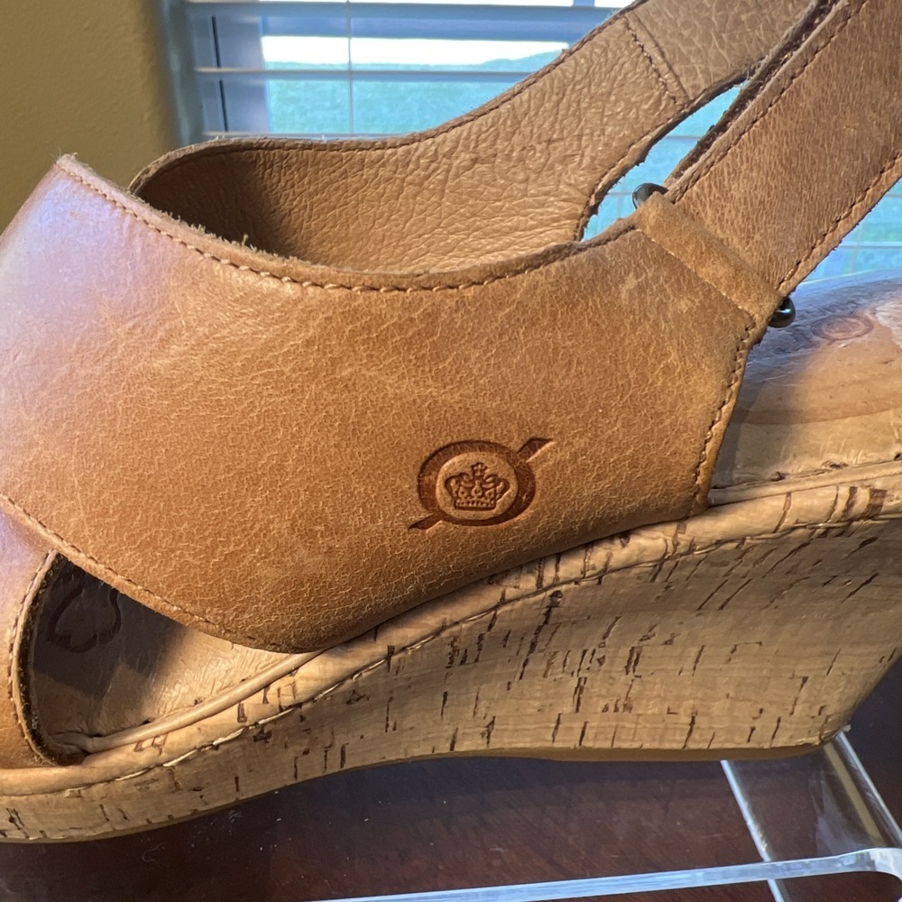 Born Tan Leather Cork Wedge Sandals Women Sz 9 Boho F19641 Comfort High Heel - Picture 6 of 10